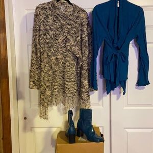 Women’s Teal Ankle Boots, 10W and Sweaters (L)
